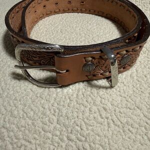 Double J Saddlery Tooled Leather Western Belt with Engraved Silver Buckle